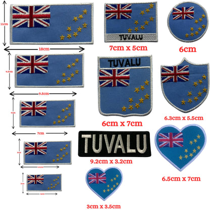 Tuvalu Flag Embroidered Patch Set, Iron-On or Sew-On Applique Badges, Rectangle Shield Round Heart Shapes, for Jackets, Backpacks, Hats, Uniforms and Various Sizes