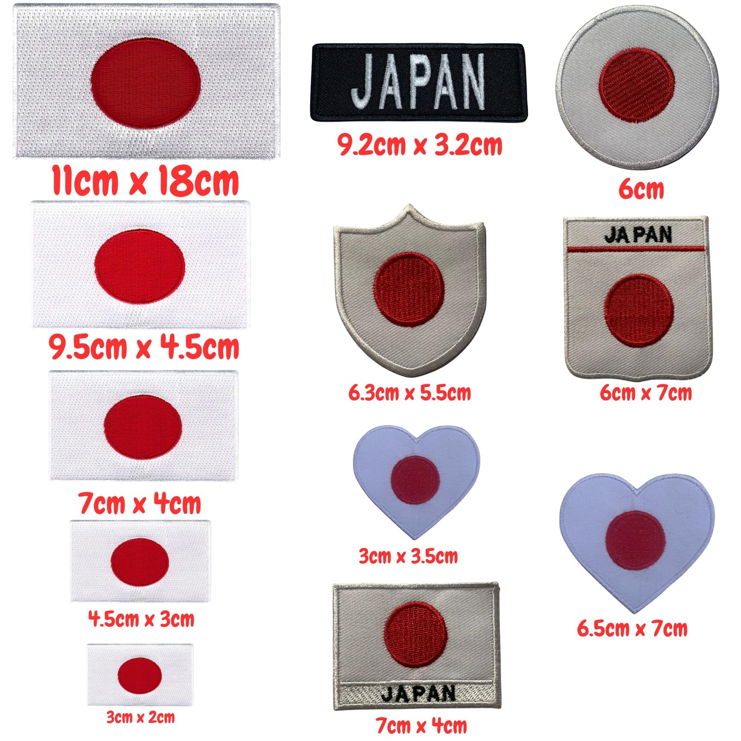 Japan Flag Embroidered Patches, Iron-On/Sew-On Applique, Shield, Round, Heart and Rectangle Flag Badges for Jackets, Bags, Uniforms, Various Sizes