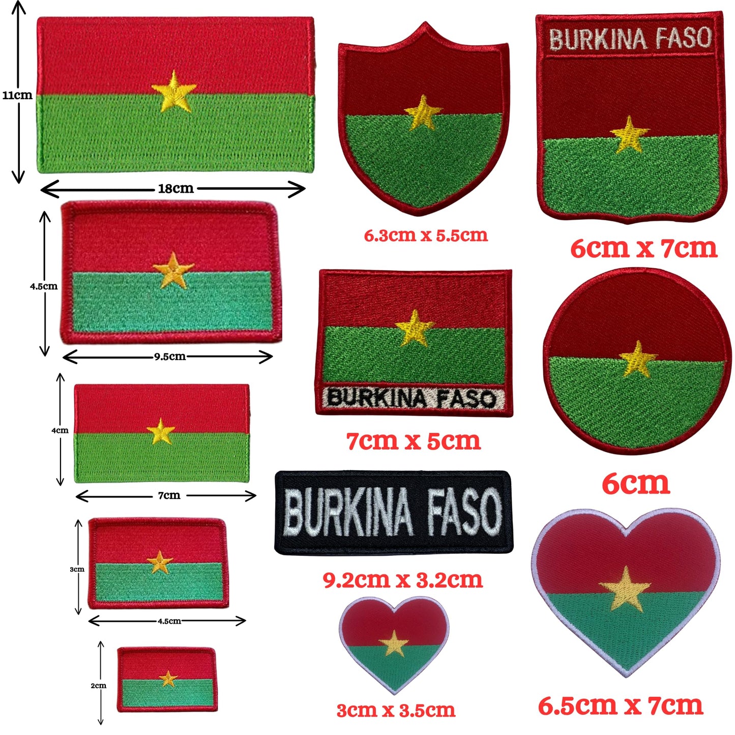 Burkina Faso Flag Embroidered Patch Set, Iron-On or Sew-On Applique Badges, Rectangle Shield Round Heart Shapes, for Jackets, Backpacks, Hats, Uniforms and Various Sizes