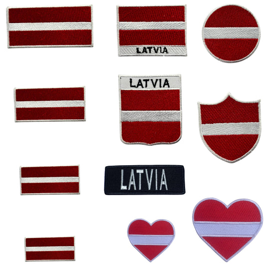 Latvia Flag Embroidered Patch Set, Iron-On or Sew-On Applique Badges, Rectangle Shield Round Heart Shapes, for Jackets, Backpacks, Hats, Uniforms and Various Sizes