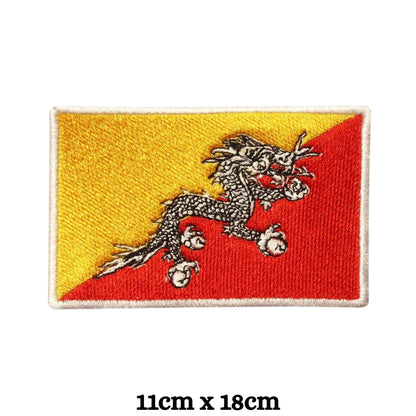 BeBuz Bhutan Flag Embroidered Patches, Iron-On/Sew-On Applique, Shield, Round, Heart and Rectangle Flag Badges for Jackets, Bags, Uniforms, Various Sizes