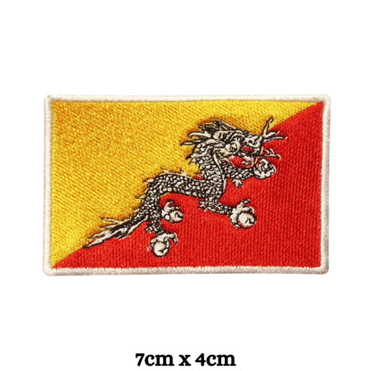 BeBuz Bhutan Flag Embroidered Patches, Iron-On/Sew-On Applique, Shield, Round, Heart and Rectangle Flag Badges for Jackets, Bags, Uniforms, Various Sizes