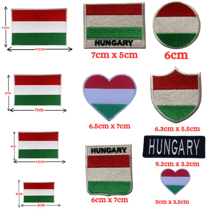 Hungary Flag Embroidered Patch Set, Iron-On or Sew-On Applique Badges, Rectangle Shield Round Heart Shapes, for Jackets, Backpacks, Hats, Uniforms and Various Sizes