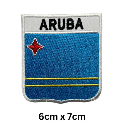 Aruba Flag Embroidered Patch Set, Iron-On or Sew-On Applique Badges, Rectangle Shield Round Heart Shapes, for Jackets, Backpacks, Hats, Uniforms and Various Sizes