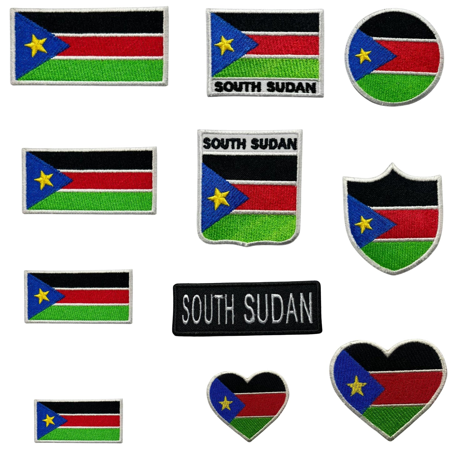 South Sudan Flag Embroidered Patch Set, Iron-On or Sew-On Applique Badges, Rectangle Shield Round Heart Shapes, for Jackets, Backpacks, Hats, Uniforms and Various Sizes