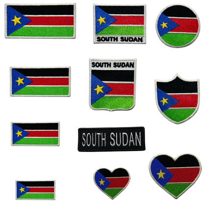 South Sudan Flag Embroidered Patch Set, Iron-On or Sew-On Applique Badges, Rectangle Shield Round Heart Shapes, for Jackets, Backpacks, Hats, Uniforms and Various Sizes