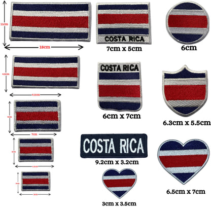 Costa Rica Flag Embroidered Patch Set, Iron-On or Sew-On Applique Badges, Rectangle Shield Round Heart Shapes, for Jackets, Backpacks, Hats, Uniforms and Various Sizes