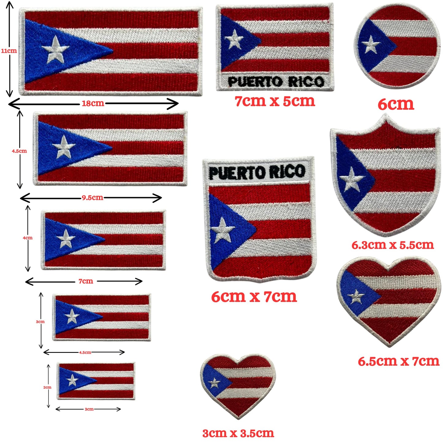 Puerto Rico Flag Embroidered Patch Set, Iron-On or Sew-On Applique Badges, Rectangle Shield Round Heart Shapes, for Jackets, Backpacks, Hats, Uniforms and Various Sizes