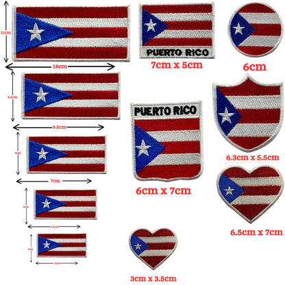 Puerto Rico Flag Embroidered Patch Set, Iron-On or Sew-On Applique Badges, Rectangle Shield Round Heart Shapes, for Jackets, Backpacks, Hats, Uniforms and Various Sizes