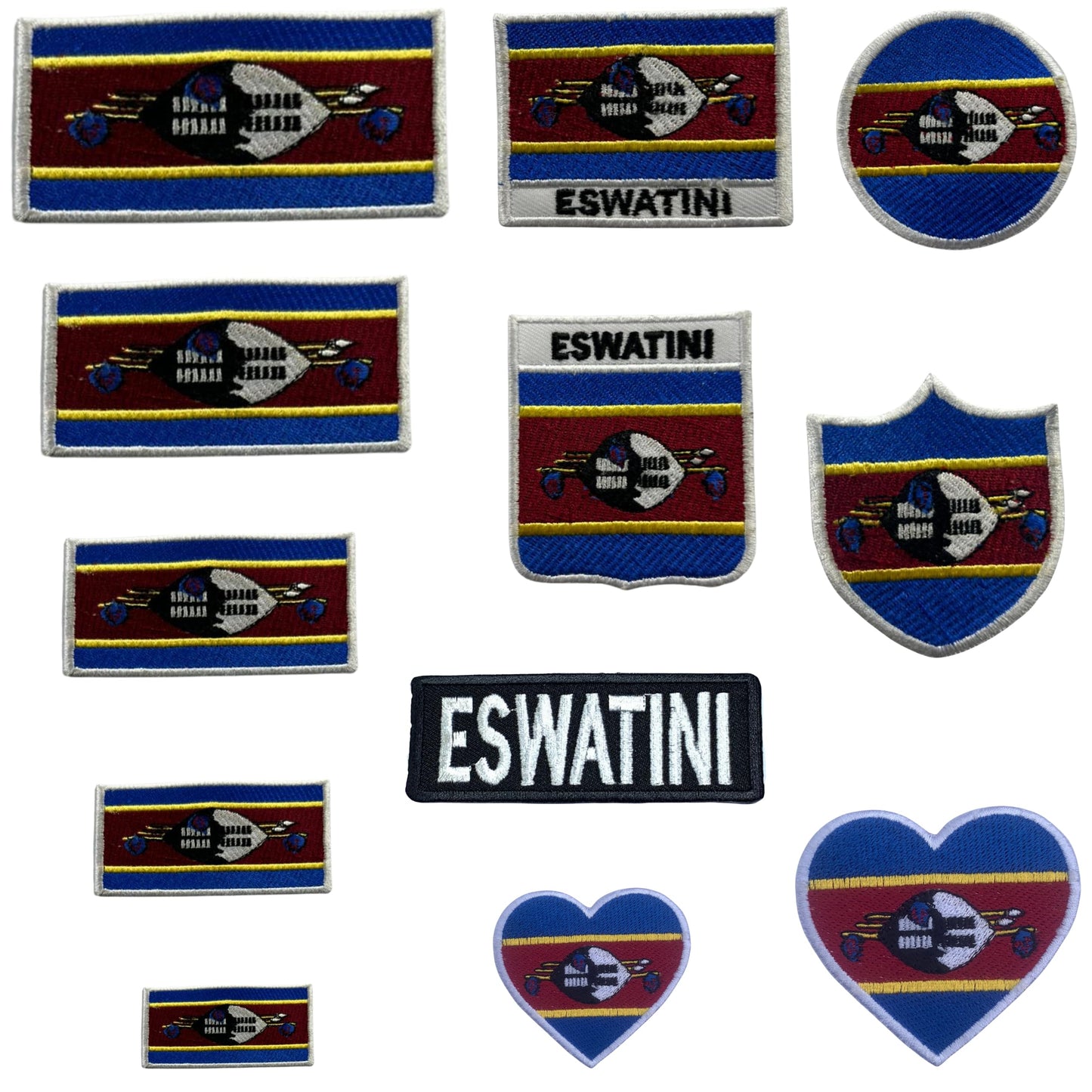 Eswatini Flag Embroidered Patch Set, Iron-On or Sew-On Applique Badges, Rectangle Shield Round Heart Shapes, for Jackets, Backpacks, Hats, Uniforms and Various Sizes