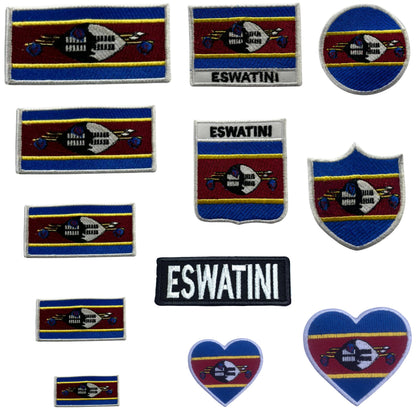Eswatini Flag Embroidered Patch Set, Iron-On or Sew-On Applique Badges, Rectangle Shield Round Heart Shapes, for Jackets, Backpacks, Hats, Uniforms and Various Sizes