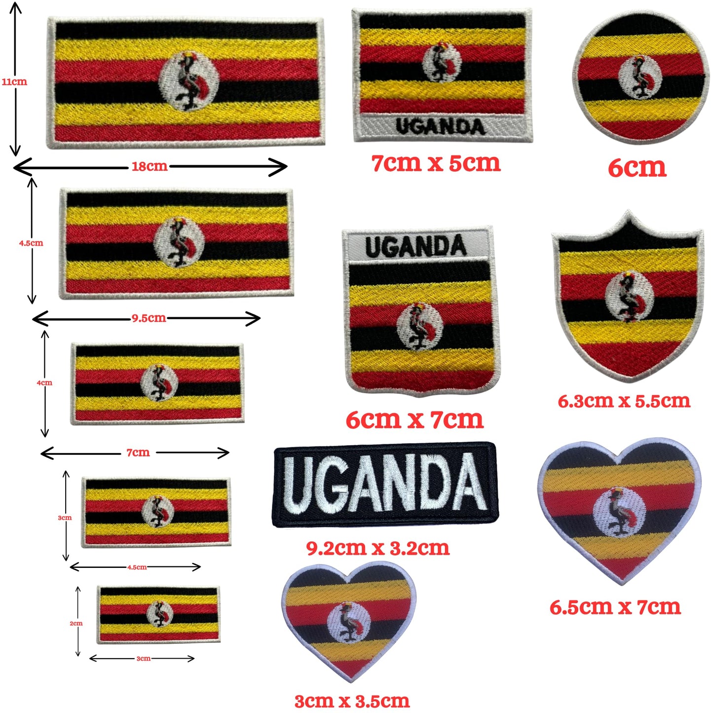 Uganda Flag Embroidered Patch Set, Iron-On or Sew-On Applique Badges, Rectangle Shield Round Heart Shapes, for Jackets, Backpacks, Hats, Uniforms and Various Sizes