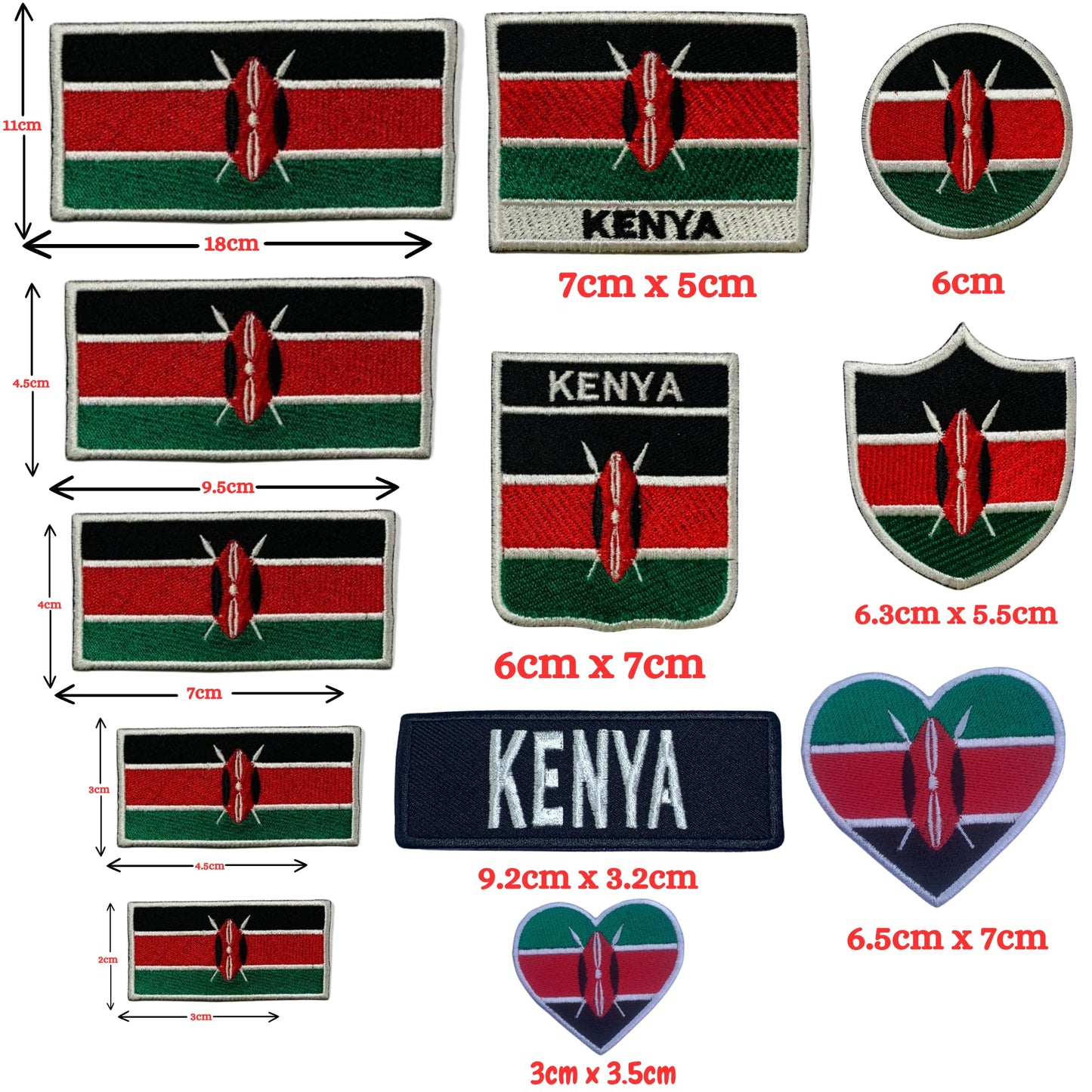 Kenya Flag Embroidered Patch Set, Iron-On or Sew-On Applique Badges, Rectangle Shield Round Heart Shapes, for Jackets, Backpacks, Hats, Uniforms and Various Sizes
