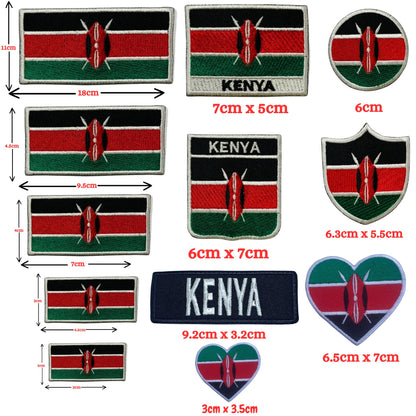 Kenya Flag Embroidered Patch Set, Iron-On or Sew-On Applique Badges, Rectangle Shield Round Heart Shapes, for Jackets, Backpacks, Hats, Uniforms and Various Sizes