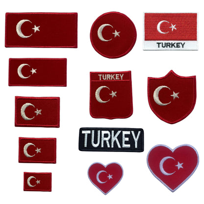 BeBuz Turkey Flag Embroidered Patches, Iron-On/Sew-On Applique, Shield, Round, Heart and Rectangle Flag Badges for Jackets, Bags, Uniforms, Various Sizes