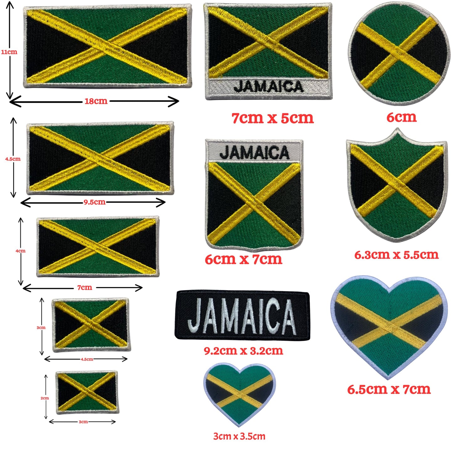 Jamaica Flag Embroidered Patch Set, Iron-On or Sew-On Applique Badges, Rectangle Shield Round Heart Shapes, for Jackets, Backpacks, Hats, Uniforms and Various Sizes