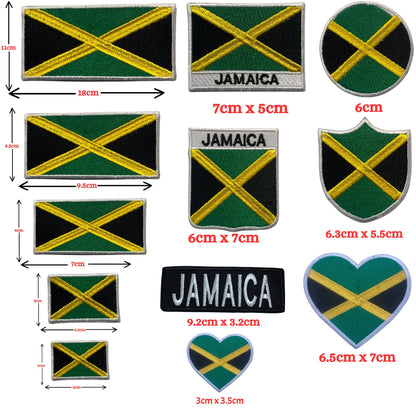 Jamaica Flag Embroidered Patch Set, Iron-On or Sew-On Applique Badges, Rectangle Shield Round Heart Shapes, for Jackets, Backpacks, Hats, Uniforms and Various Sizes