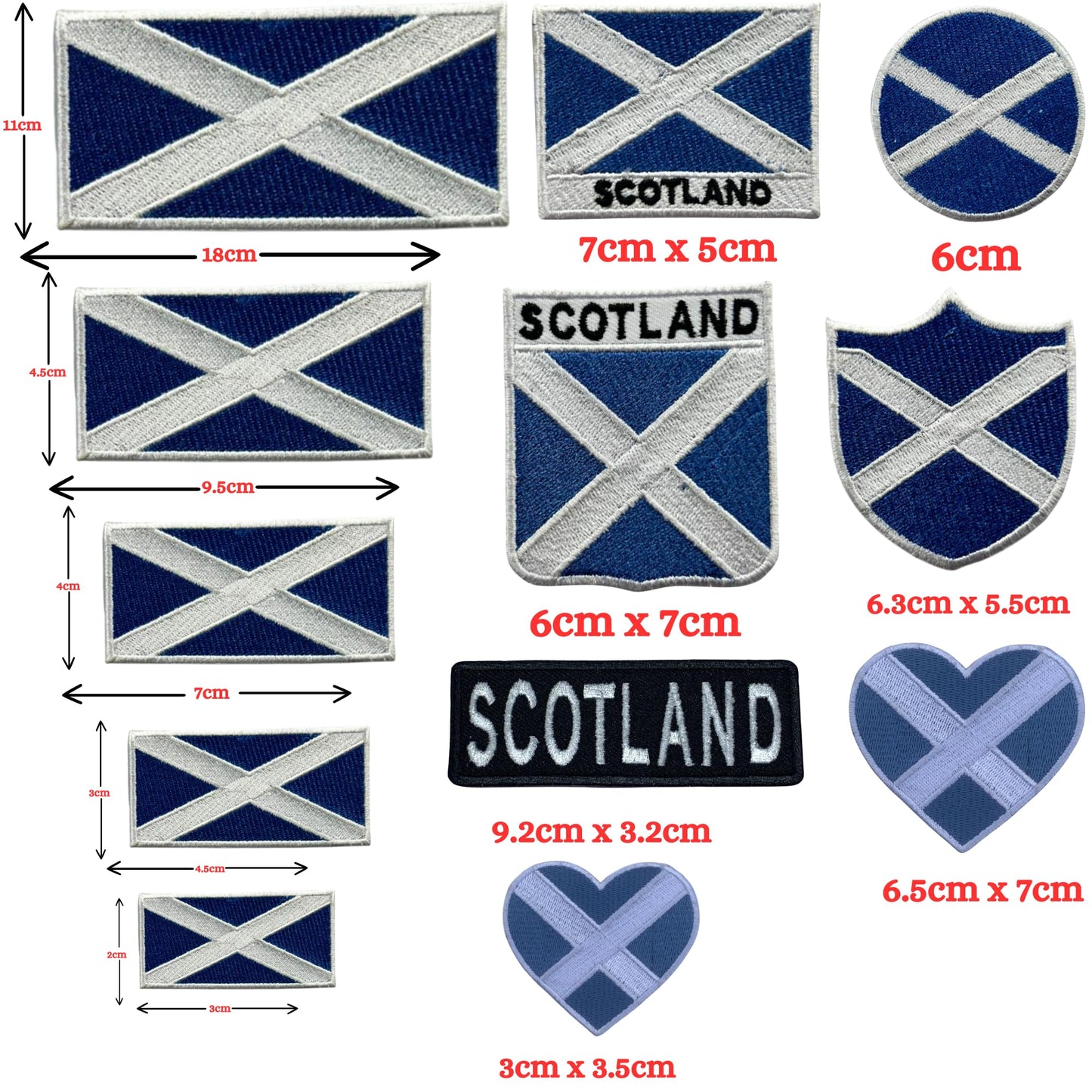BeBuz Scotland Flag Embroidered Patches, Iron-On/Sew-On Applique, Shield, Round, Heart and Rectangle Flag Badges for Jackets, Bags, Uniforms, Various Sizes