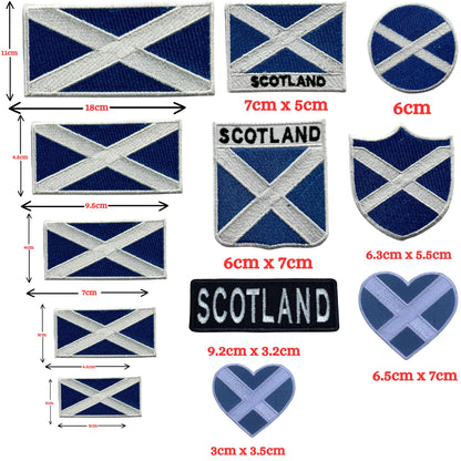 BeBuz Scotland Flag Embroidered Patches, Iron-On/Sew-On Applique, Shield, Round, Heart and Rectangle Flag Badges for Jackets, Bags, Uniforms, Various Sizes