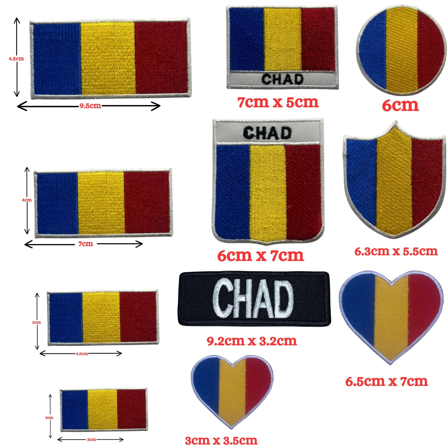 Chad Flag Embroidered Patch Set, Iron-On or Sew-On Applique Badges, Rectangle Shield Round Heart Shapes, for Jackets, Backpacks, Hats, Uniforms and Various Sizes
