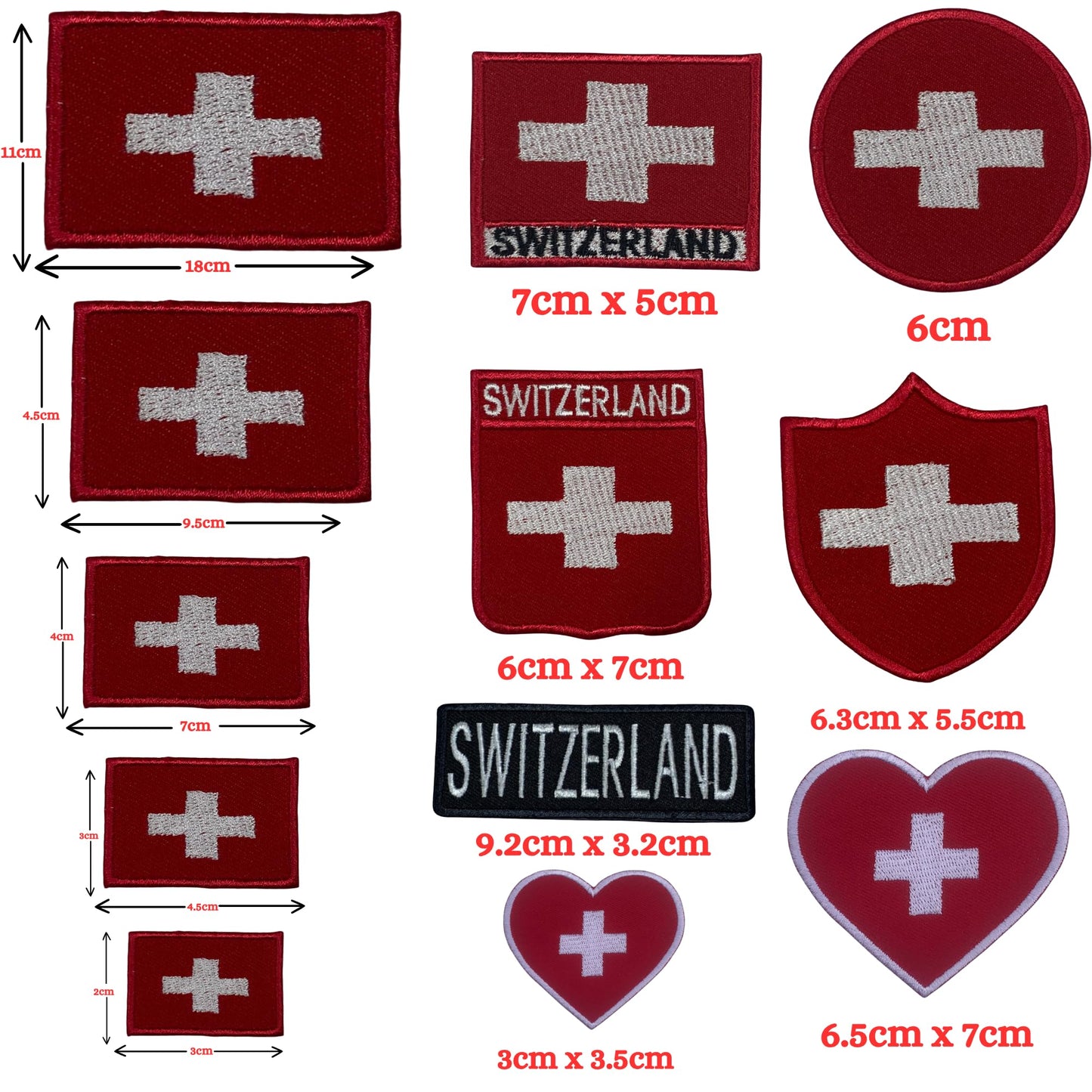 BeBuz Switzerland Flag Embroidered Patches, Iron-On/Sew-On Applique, Shield, Round, Heart and Rectangle Flag Badges for Jackets, Bags, Uniforms, Various Sizes