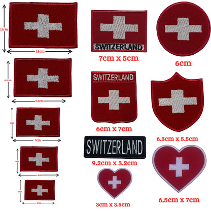 BeBuz Switzerland Flag Embroidered Patches, Iron-On/Sew-On Applique, Shield, Round, Heart and Rectangle Flag Badges for Jackets, Bags, Uniforms, Various Sizes