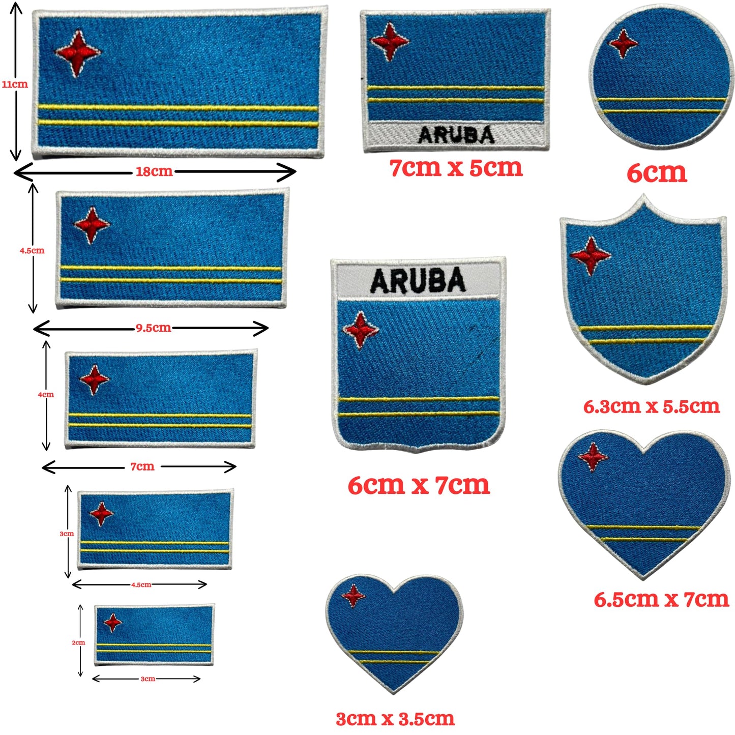 Aruba Flag Embroidered Patch Set, Iron-On or Sew-On Applique Badges, Rectangle Shield Round Heart Shapes, for Jackets, Backpacks, Hats, Uniforms and Various Sizes