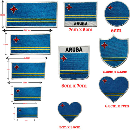 Aruba Flag Embroidered Patch Set, Iron-On or Sew-On Applique Badges, Rectangle Shield Round Heart Shapes, for Jackets, Backpacks, Hats, Uniforms and Various Sizes