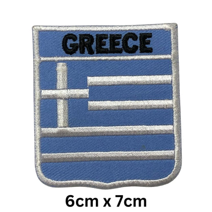 Greece Flag Embroidered Patch Set, Iron-On or Sew-On Applique Badges, Rectangle Shield Round Heart Shapes, for Jackets, Backpacks, Hats, Uniforms and Various Sizes