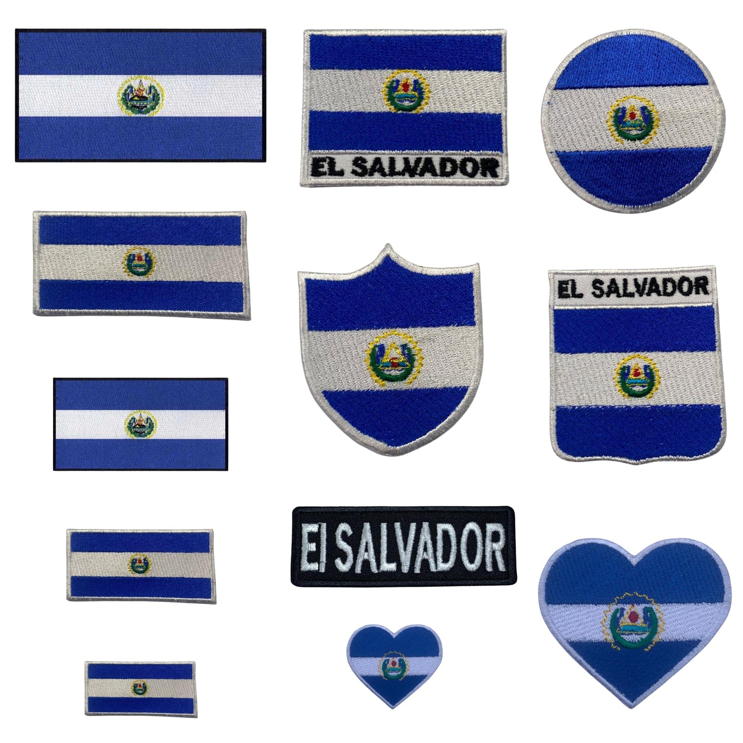 El Salvador Flag Embroidered Patch Set, Iron-On or Sew-On Applique Badges, Rectangle Shield Round Heart Shapes, for Jackets, Backpacks, Hats, Uniforms and Various Sizes