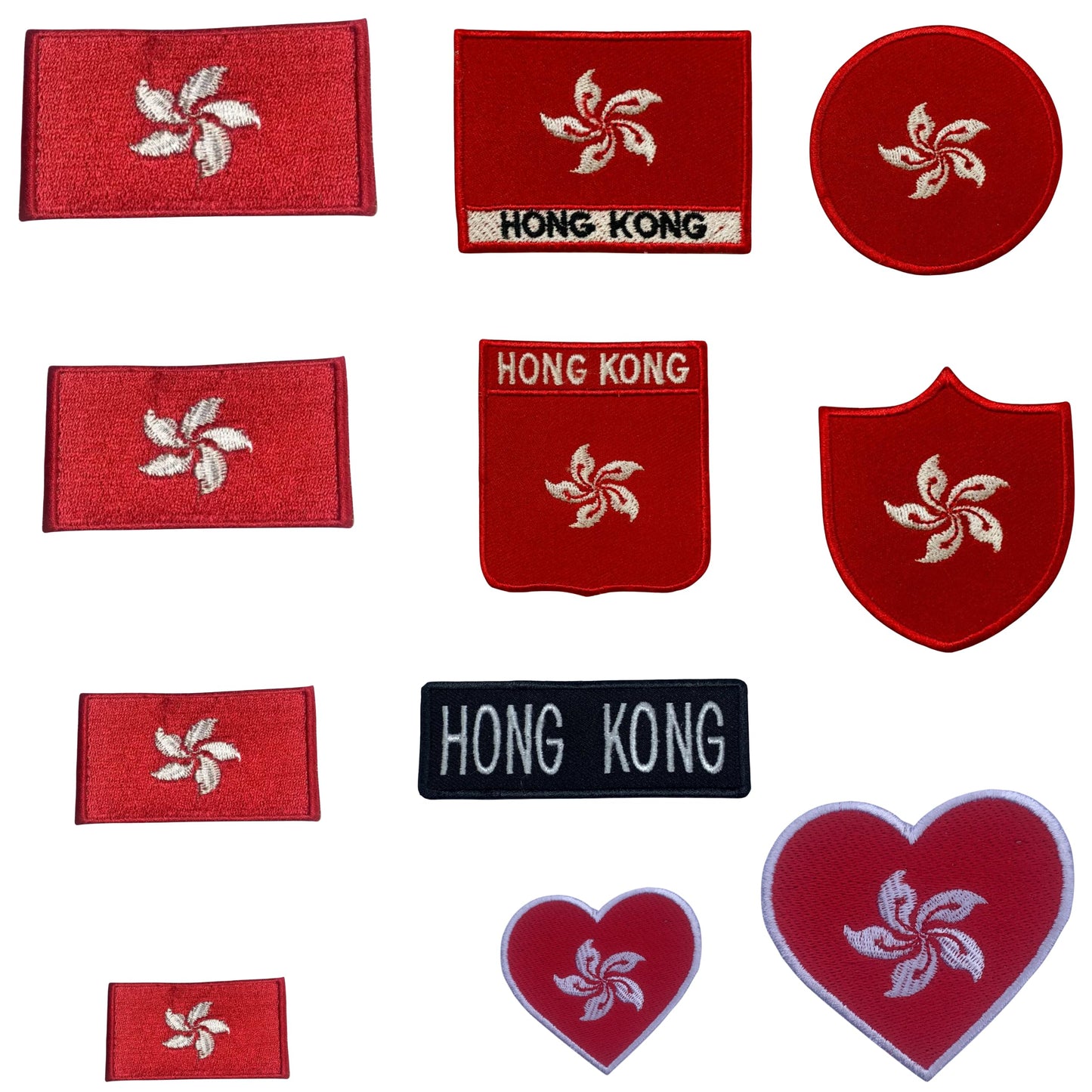 Hong Kong Flag Embroidered Patch Set, Iron-On or Sew-On Applique Badges, Rectangle Shield Round Heart Shapes, for Jackets, Backpacks, Hats, Uniforms and Various Sizes