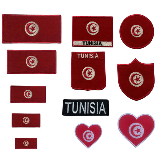 Tunisia Flag Embroidered Patches, Iron-On/Sew-On Applique, Shield, Round, Heart and Rectangle Flag Badges for Jackets, Bags, Uniforms, Various Sizes