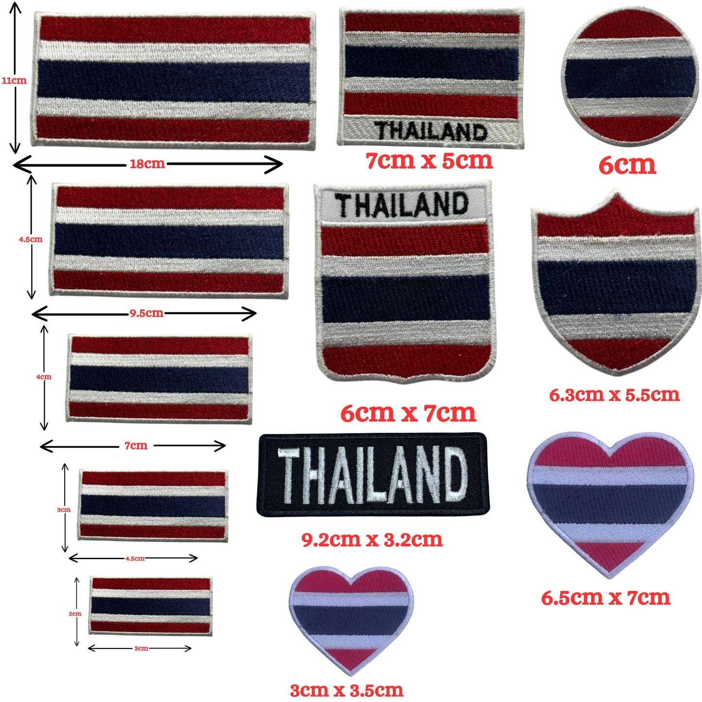 Thailand Flag Embroidered Patch Set, Iron-On or Sew-On Applique Badges, Rectangle Shield Round Heart Shapes, for Jackets, Backpacks, Hats, Uniforms and Various Sizes