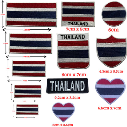 Thailand Flag Embroidered Patch Set, Iron-On or Sew-On Applique Badges, Rectangle Shield Round Heart Shapes, for Jackets, Backpacks, Hats, Uniforms and Various Sizes