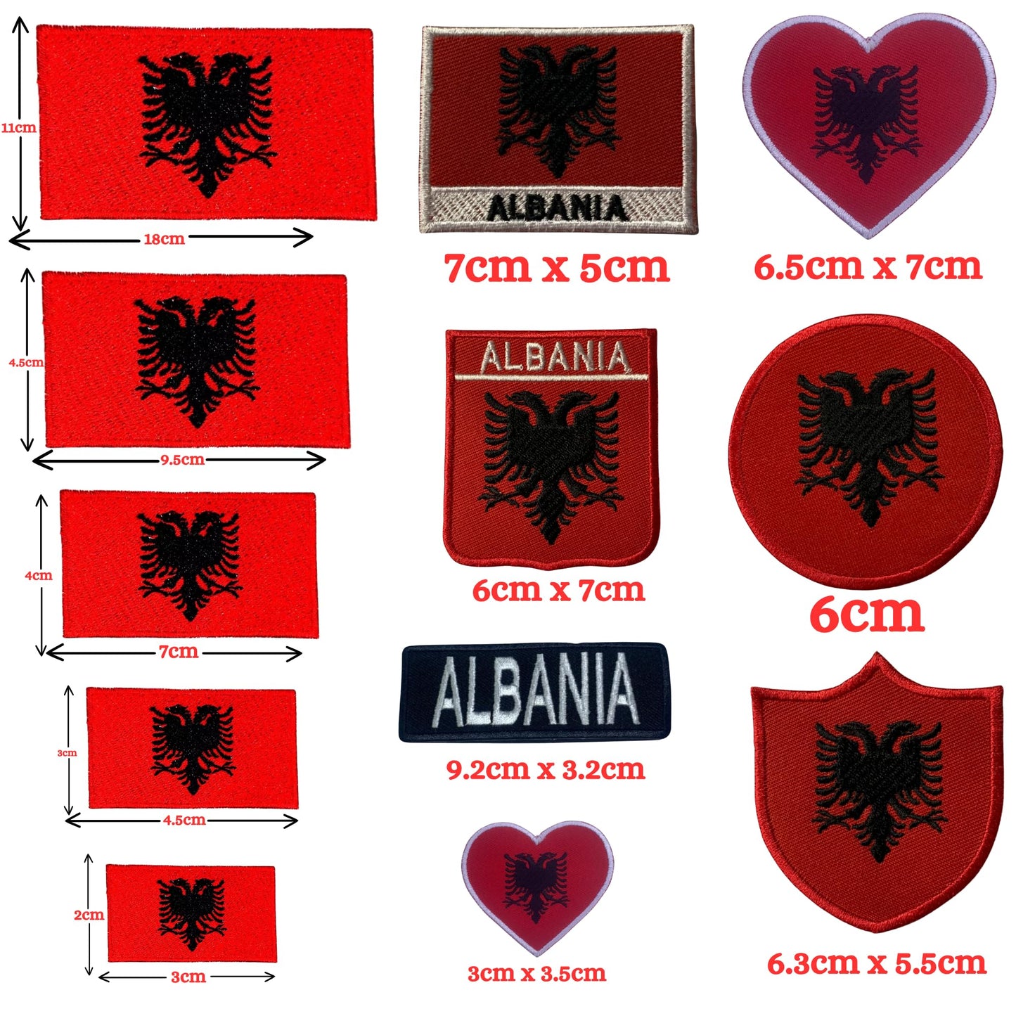Albania Flag Embroidered Patch Set, Iron-On or Sew-On Applique Badges, Rectangle Shield Round Heart Shapes, for Jackets, Backpacks, Hats, Uniforms and Various Sizes