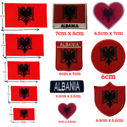 Albania Flag Embroidered Patch Set, Iron-On or Sew-On Applique Badges, Rectangle Shield Round Heart Shapes, for Jackets, Backpacks, Hats, Uniforms and Various Sizes