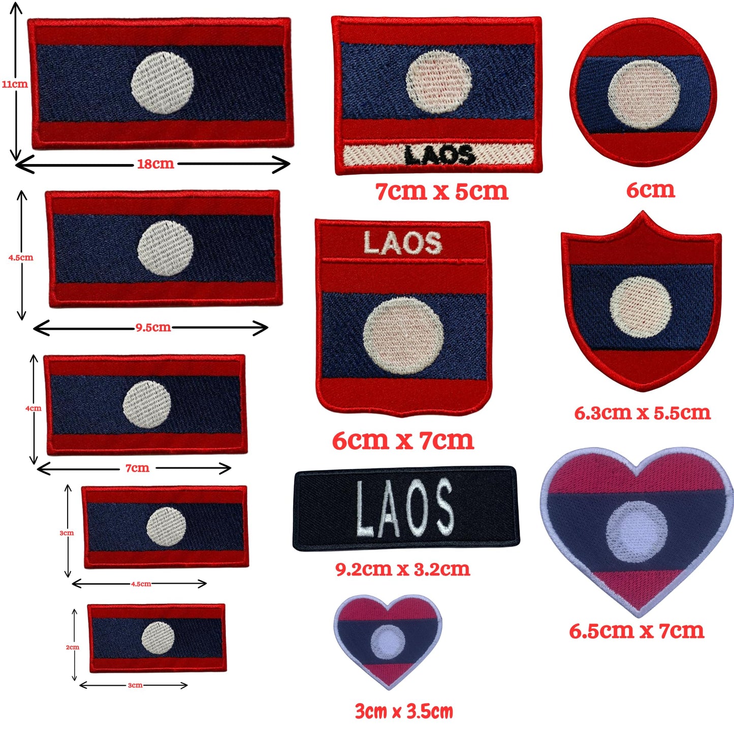 Laos Flag Embroidered Patch Set, Iron-On or Sew-On Applique Badges, Rectangle Shield Round Heart Shapes, for Jackets, Backpacks, Hats, Uniforms and Various Sizes