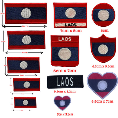 Laos Flag Embroidered Patch Set, Iron-On or Sew-On Applique Badges, Rectangle Shield Round Heart Shapes, for Jackets, Backpacks, Hats, Uniforms and Various Sizes