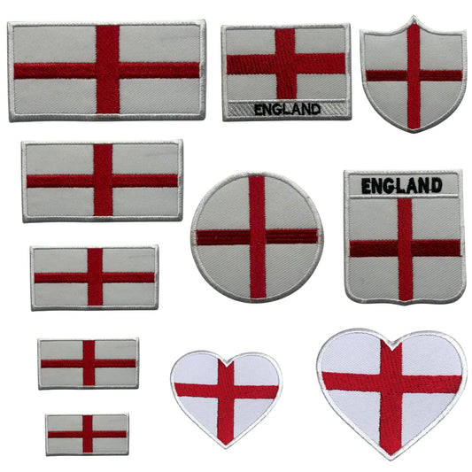 England Flag Embroidered Patches, Iron-On/Sew-On Applique, Shield, Round, Heart and Rectangle UK Flag Badges for Jackets, Bags, Uniforms, Various Sizes