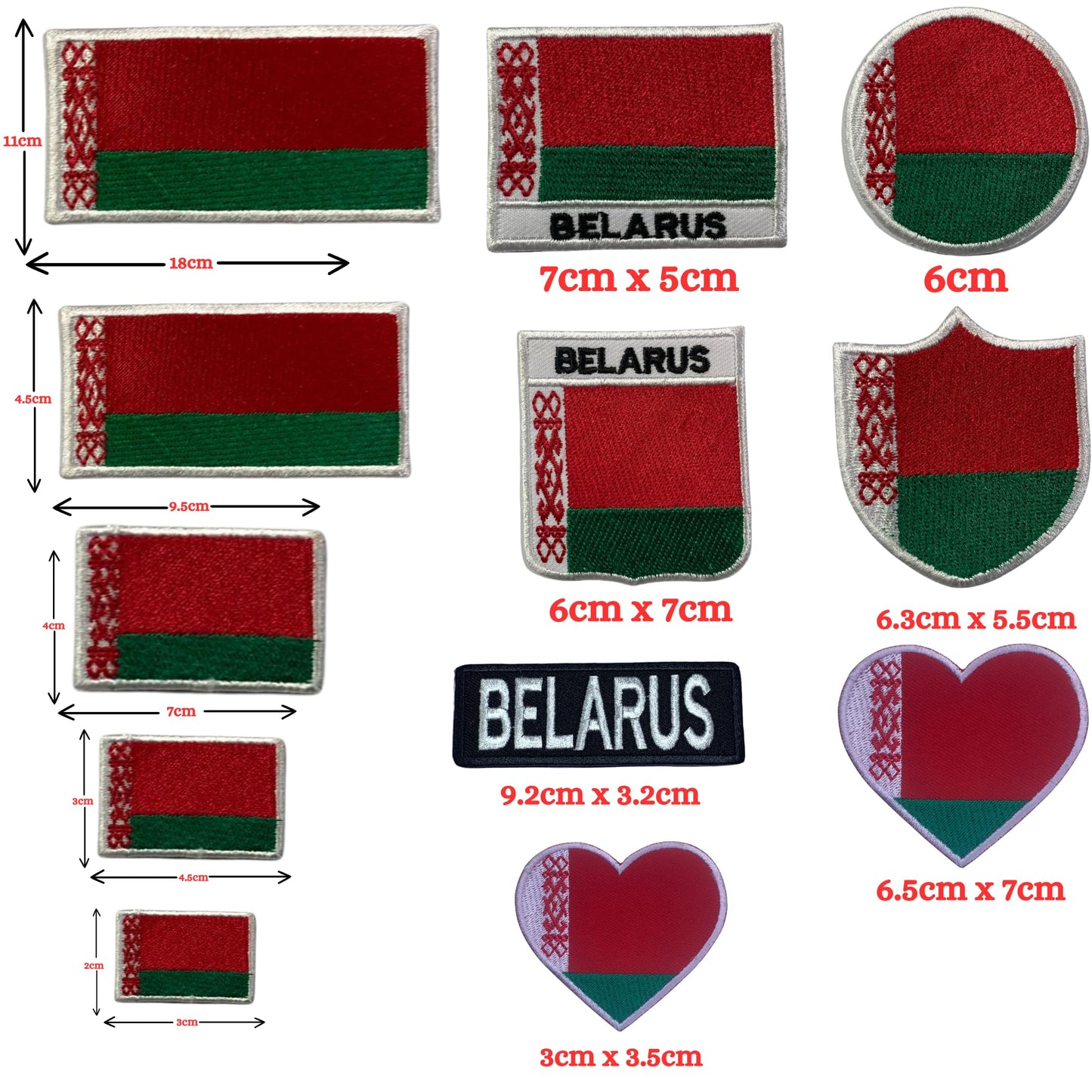 Belarus Flag Embroidered Patches, Iron-On/Sew-On Applique, Shield, Round, Heart and Rectangle Flag Badges for Jackets, Bags, Uniforms, Various Sizes