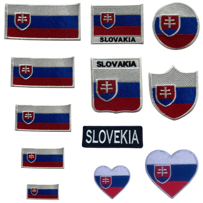 Slovakia Flag Embroidered Patch Set, Iron-On or Sew-On Applique Badges, Rectangle Shield Round Heart Shapes, for Jackets, Backpacks, Hats, Uniforms and Various Sizes