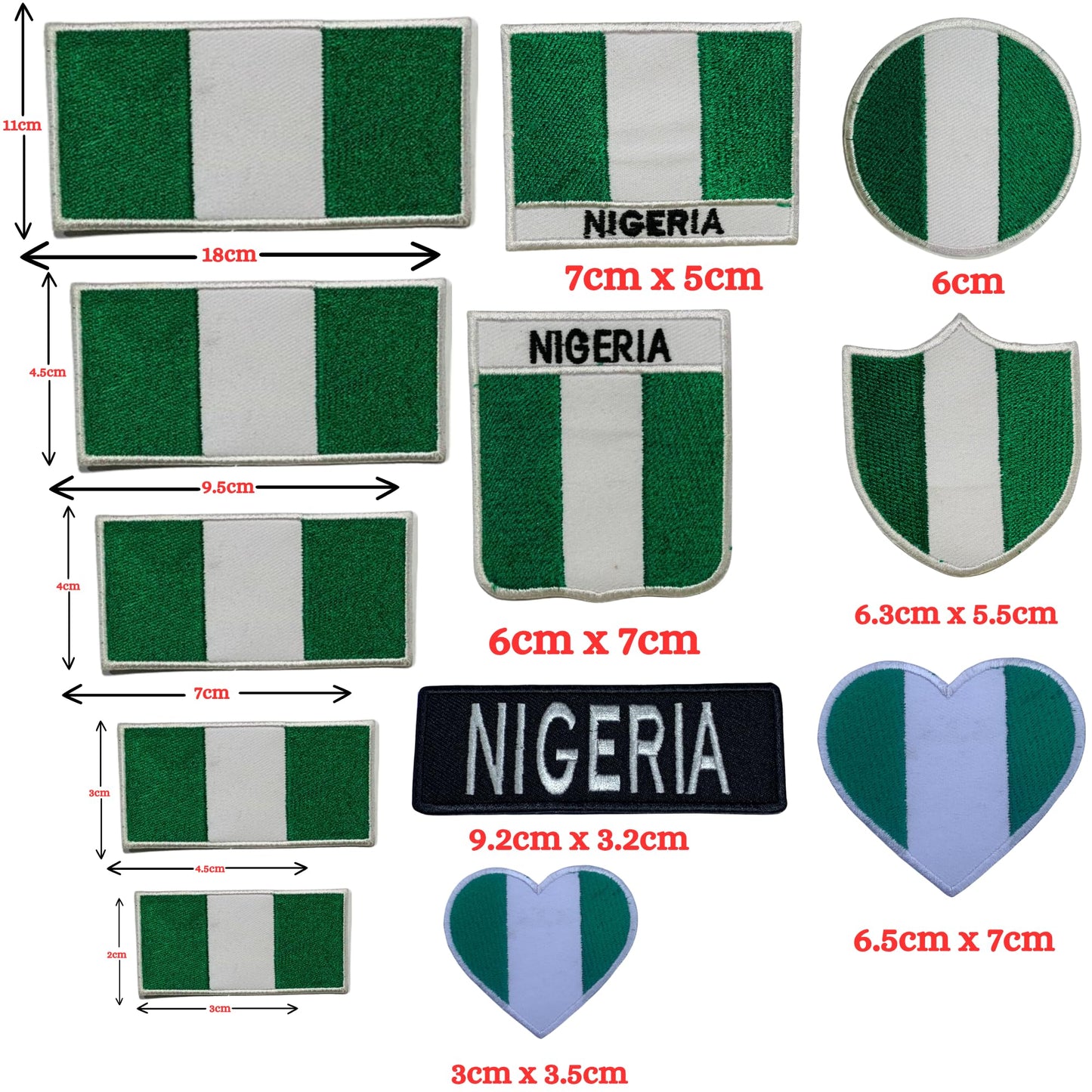 Nigeria Flag Embroidered Patch Set, Iron-On or Sew-On Applique Badges, Rectangle Shield Round Heart Shapes, for Jackets, Backpacks, Hats, Uniforms and Various Sizes