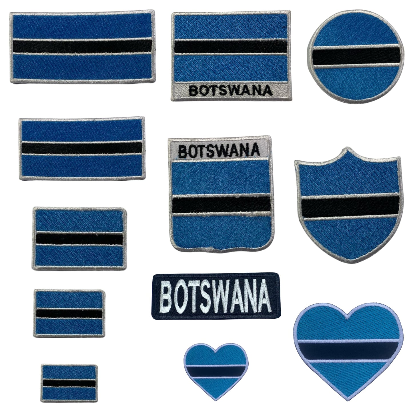 Botswana Flag Embroidered Patch Set, Iron-On or Sew-On Applique Badges, Rectangle Shield Round Heart Shapes, National Flag Emblem for Jackets, Backpacks, Hats, Uniforms and Various Sizes