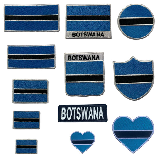 Botswana Flag Embroidered Patch Set, Iron-On or Sew-On Applique Badges, Rectangle Shield Round Heart Shapes, National Flag Emblem for Jackets, Backpacks, Hats, Uniforms and Various Sizes