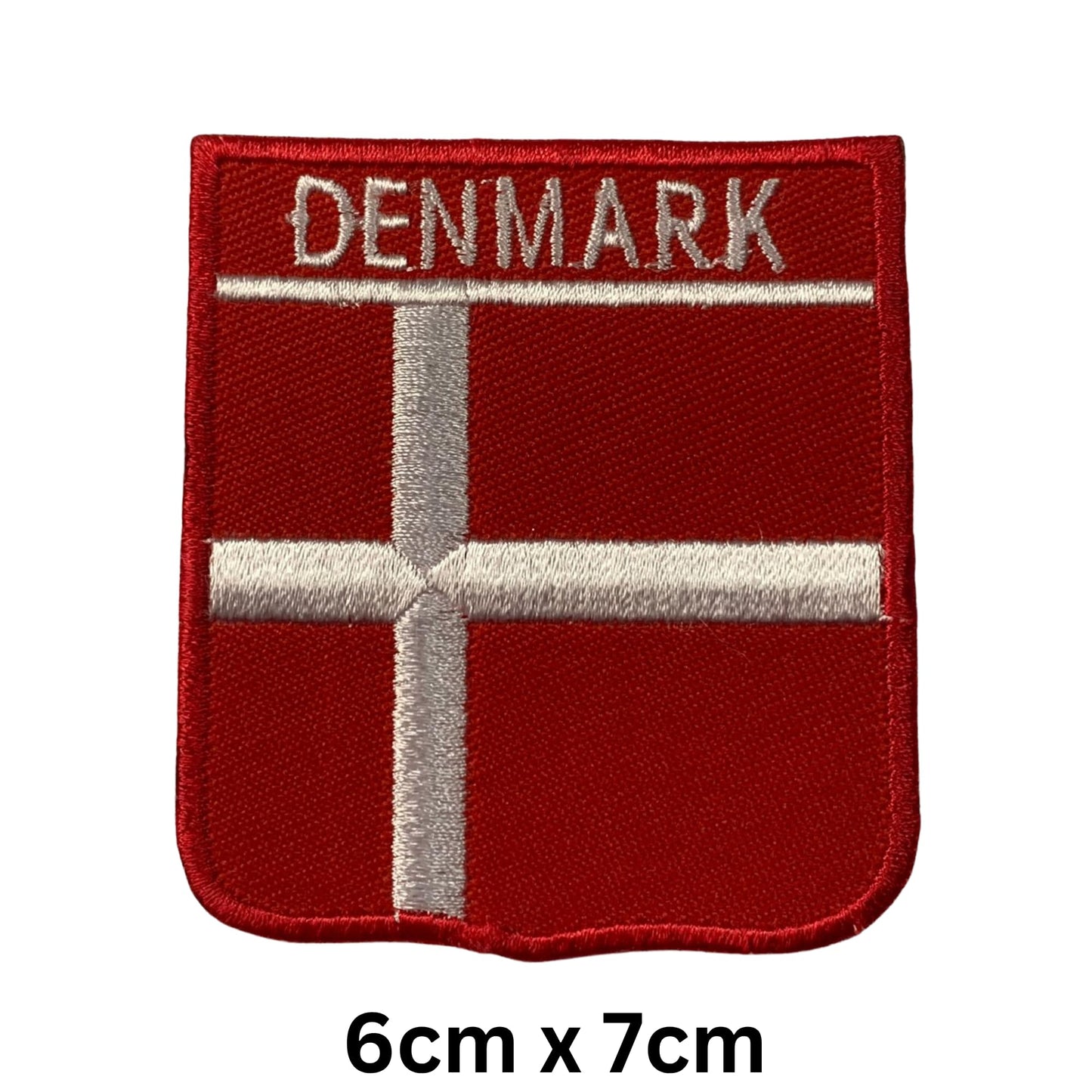 BeBuz Denmark Flag Embroidered Patches, Iron-On/Sew-On Applique, Shield, Round, Heart and Rectangle Flag Badges for Jackets, Bags, Uniforms, Various Sizes