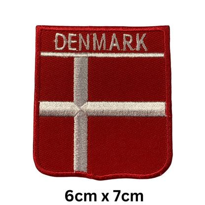 BeBuz Denmark Flag Embroidered Patches, Iron-On/Sew-On Applique, Shield, Round, Heart and Rectangle Flag Badges for Jackets, Bags, Uniforms, Various Sizes
