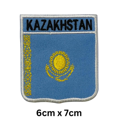 Kazakhstan Flag Embroidered Patch Set, Iron-On or Sew-On Applique Badges, Rectangle Shield Round Heart Shapes, for Jackets, Backpacks, Hats, Uniforms and Various Sizes