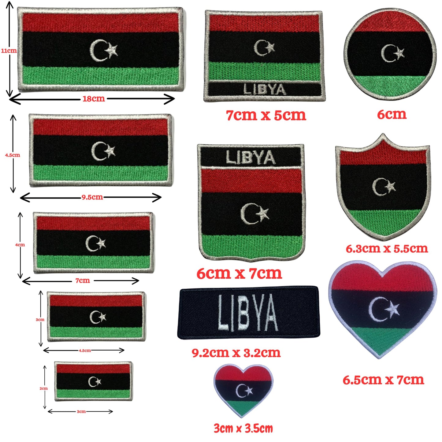 Libya Flag Embroidered Patch Set, Iron-On or Sew-On Applique Badges, Rectangle Shield Round Heart Shapes, for Jackets, Backpacks, Hats, Uniforms and Various Sizes