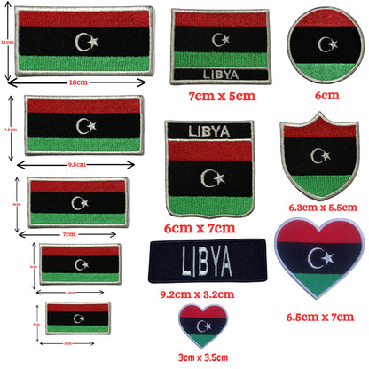 Libya Flag Embroidered Patch Set, Iron-On or Sew-On Applique Badges, Rectangle Shield Round Heart Shapes, for Jackets, Backpacks, Hats, Uniforms and Various Sizes