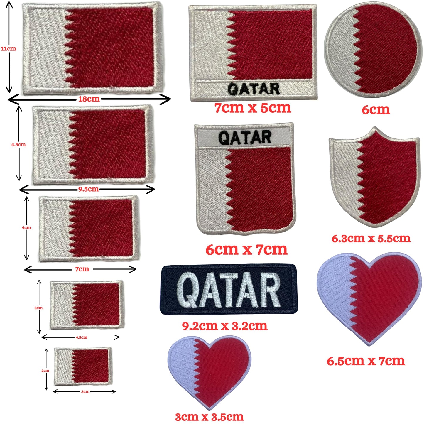 Qatar Flag Embroidered Patches, Iron-On/Sew-On Applique, Shield, Round, Heart and Rectangle Flag Badges for Jackets, Bags, Uniforms, Various Sizes